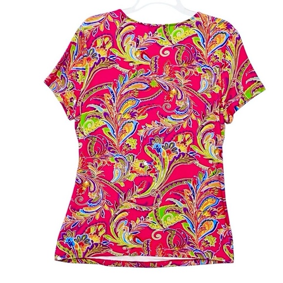 Lauren Ralph Lauren Paisle Top Wrap Short Sleeve Colorful Stretch Top Sz XL - Picture 6 of 11